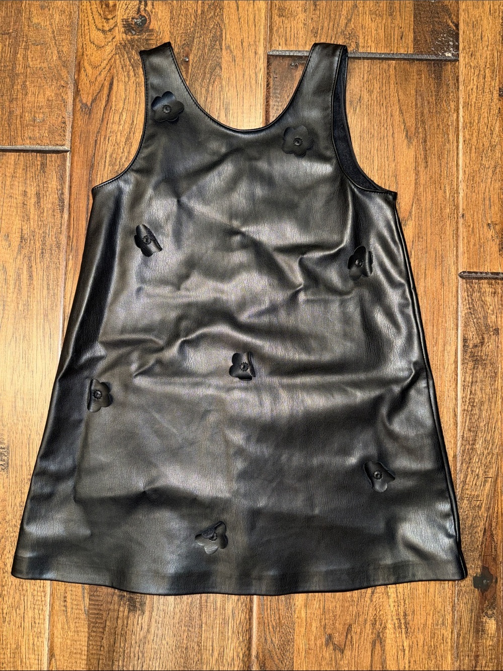 Zara GIRLS SIZE 6 Black Faux Leather Shift Dress with Floral Appliqués. Like new